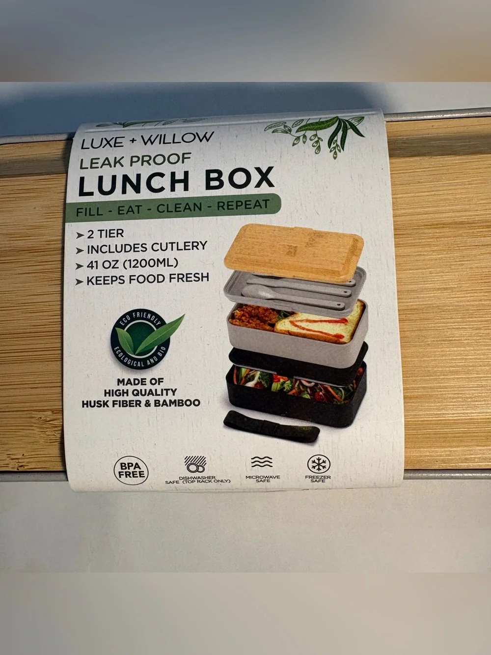 NWT Bento Lunch Box 2 Tier Leak Proof Cutlery Black Gray Nesting Bamboo Lid